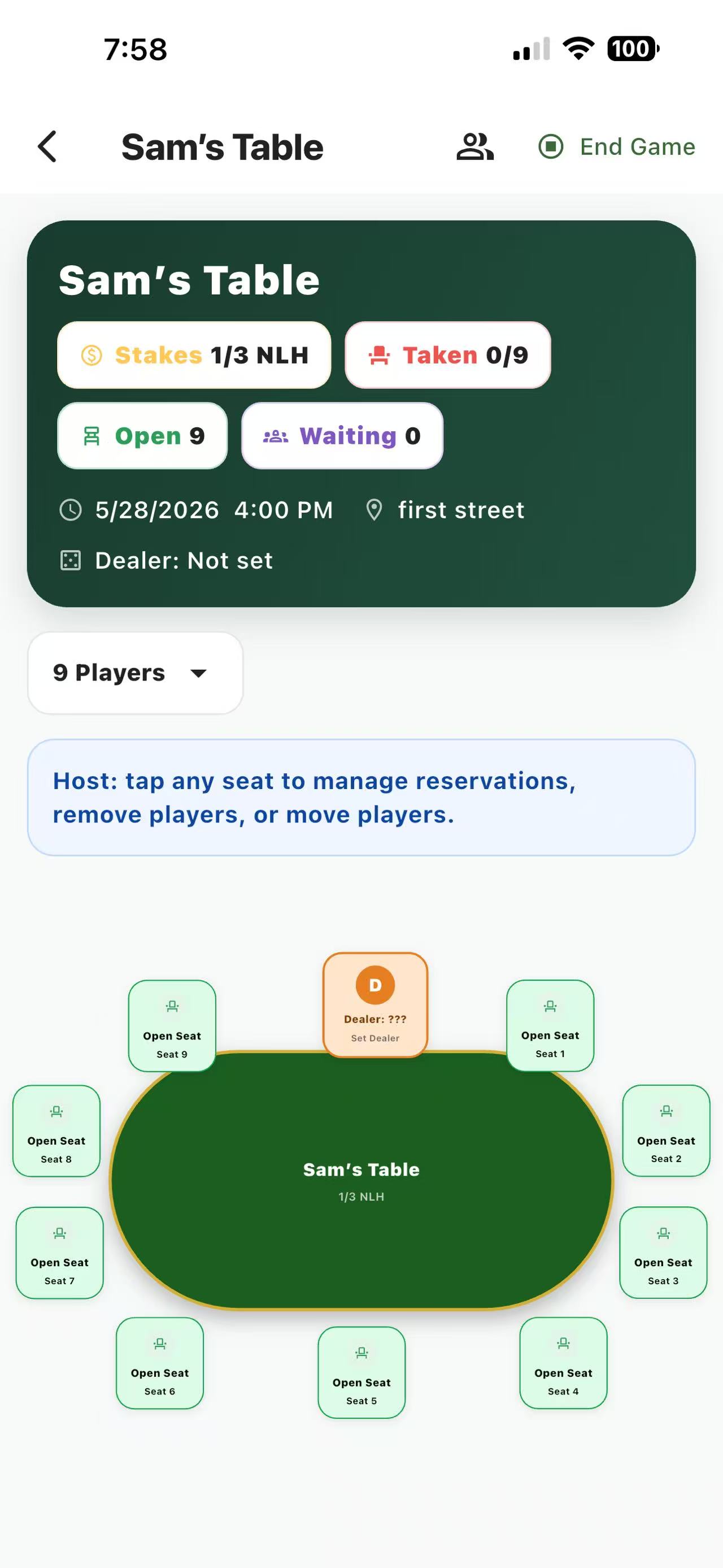 Poker Scheduler app table screen